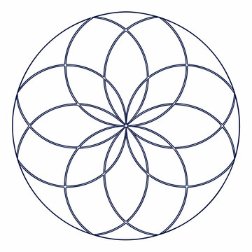 A detailed illustration depicting the geometric pattern of the seed of life consisting of seven interconnected circles