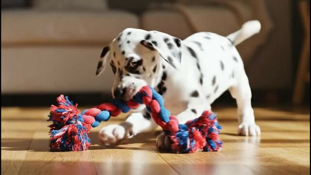 Adorable spotted dalmatian puppy intently playing tug of war with a brightly colored rope toy indoors