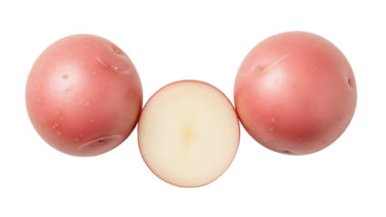 Three red potatoes, one sliced, isolated PNG on transparent background, fresh root vegetable for cooking and healthy eating