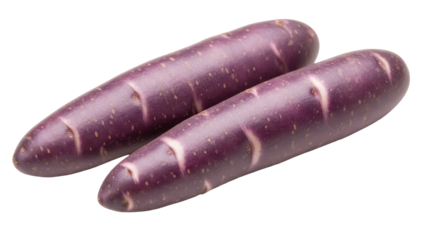 Two purple Peruvian fingerling potatoes isolated PNG, gourmet ingredient on transparent background, colorful and nutritious vegetable for healthy eating