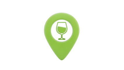 Green location pin with wine glass PNG isolated on transparent background, bar or restaurant locator icon for maps and mobile apps