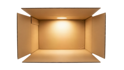 Open brown cardboard box PNG isolated on transparent background, empty container for shipping and storage with light inside