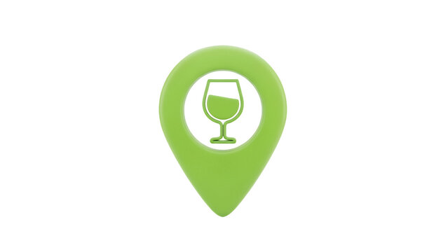 Green location pin with wine glass PNG isolated on transparent background, bar or restaurant locator icon for maps and mobile apps