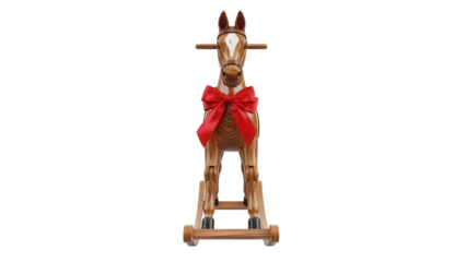 Wooden rocking horse with red bow isolated PNG, vintage toy for kids room decor and Christmas decoration on transparent background