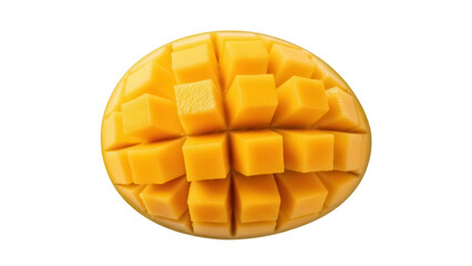 Delicious diced mango isolated PNG, vibrant yellow fruit cut into cubes on transparent background, tropical treat for healthy eating and summer recipes