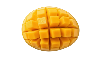 Delicious diced mango isolated PNG, vibrant yellow fruit cut into cubes on transparent background, tropical treat for healthy eating and summer recipes