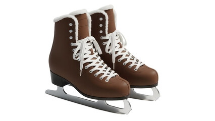 Pair of brown leather ice skates with white laces isolated PNG, winter sport equipment for figure skating and recreational skating