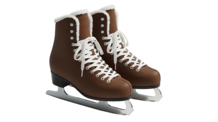 Pair of brown leather ice skates with white laces isolated PNG, winter sport equipment for figure skating and recreational skating