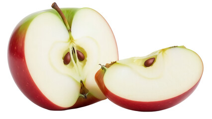 Halved red apple isolated PNG on transparent background, fresh fruit cut in half with seeds, healthy eating and vegetarian diet