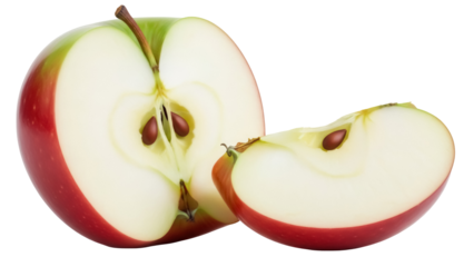 Halved red apple isolated PNG on transparent background, fresh fruit cut in half with seeds, healthy eating and vegetarian diet