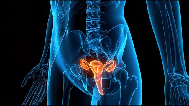 Woman Anatomy Body with glowing orange Ovarian, x-ray 3d Medical illustration, blue glowing lines on blue background. Women's gynecology reproductive health concept