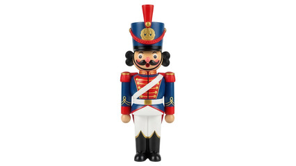 Traditional wooden nutcracker figurine isolated PNG, vintage Christmas decoration with red and blue uniform on transparent background