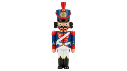 Traditional wooden nutcracker figurine isolated PNG, vintage Christmas decoration with red and blue uniform on transparent background