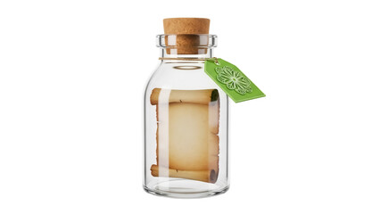 Message in a bottle PNG isolated on transparent background, vintage scroll with cork and green tag for design and fantasy use