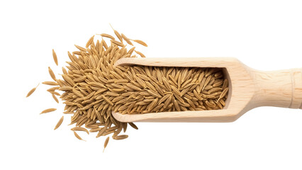 Cumin seeds in wooden scoop isolated PNG, aromatic spice for cooking and flavoring on transparent background