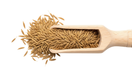 Cumin seeds in wooden scoop isolated PNG, aromatic spice for cooking and flavoring on transparent background