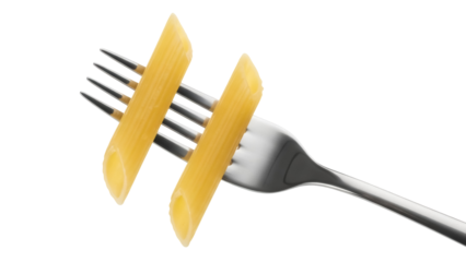 Penne pasta on a fork isolated PNG, Italian cuisine staple on transparent background for food blogs and culinary designs