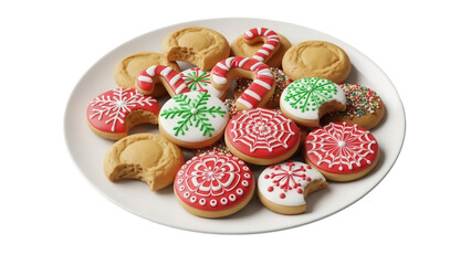 Festive Christmas cookies on a plate isolated PNG, holiday treats with red, green, and white icing for seasonal baking projects