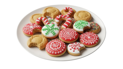 Festive Christmas cookies on a plate isolated PNG, holiday treats with red, green, and white icing for seasonal baking projects