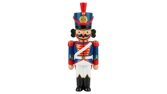 Traditional wooden nutcracker figurine isolated PNG, vintage Christmas decoration with red and blue uniform on transparent background