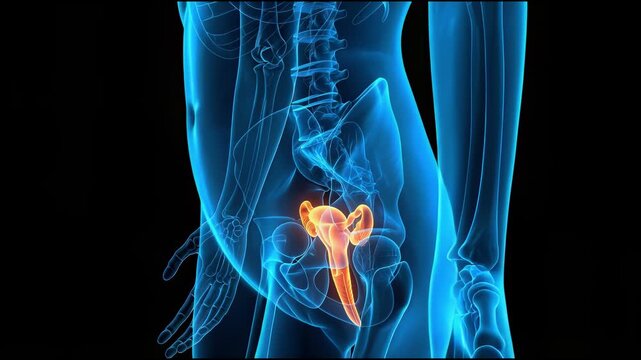 Woman Anatomy Body with glowing orange Ovarian, x-ray 3d Medical illustration, blue glowing lines on blue background. Women's gynecology reproductive health concept
