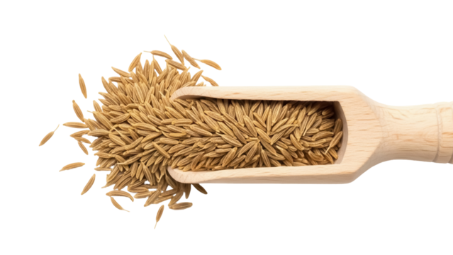 Cumin seeds in wooden scoop isolated PNG, aromatic spice for cooking and flavoring on transparent background - Powered by Adobe