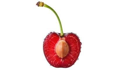 Half of a red cherry with pit isolated PNG on transparent background, fresh fruit cut open with water droplets for healthy eating