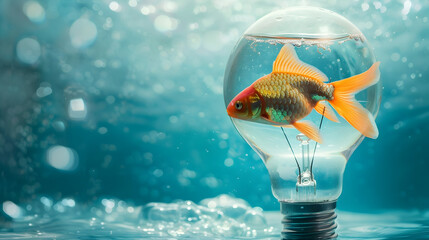 Imaginative concept of goldfish swimming inside water-filled light bulb