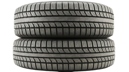 Two car tires stacked isolated PNG on transparent background, new winter automobile tyre tread pattern for vehicle safety and road grip © Daniel
