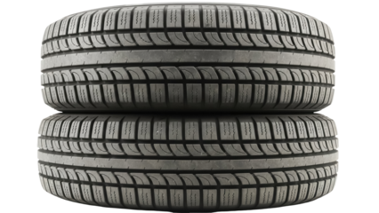 Two car tires stacked isolated PNG on transparent background, new winter automobile tyre tread pattern for vehicle safety and road grip