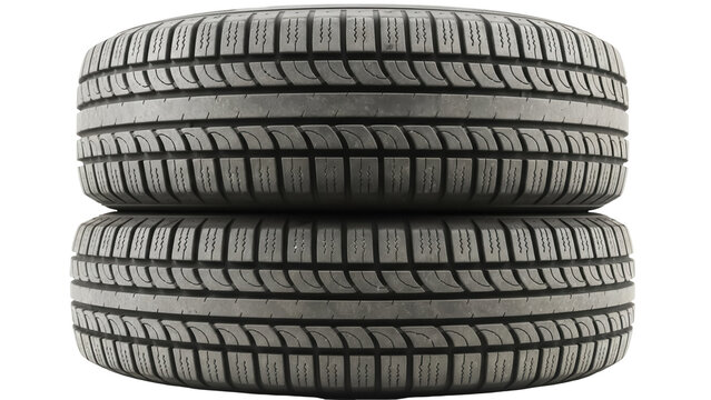 Two car tires stacked isolated PNG on transparent background, new winter automobile tyre tread pattern for vehicle safety and road grip