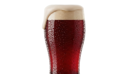Dark red ale beer with foam in a glass isolated PNG, refreshing alcoholic drink on transparent background for pub and bar menus
