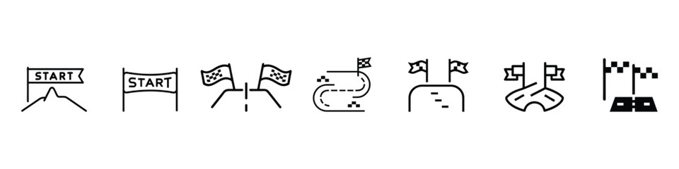 Race start and finish icon set &ndash; outline symbols of start flags, finish flags, race track and checkpoints
