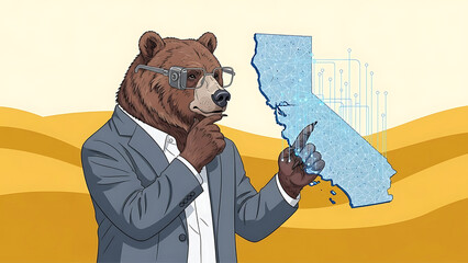 california technology strategy a thoughtful bear analyzing digital innovation and data analysis within a conceptual silicon valley future