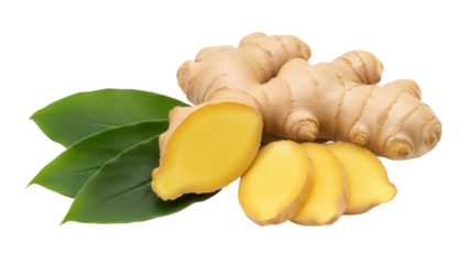 Fresh ginger root and slices isolated PNG, aromatic spice with green leaves on transparent background for cooking and healthy lifestyle
