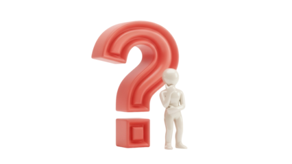 Pensive figurine standing next to a question mark isolated PNG, concept for problem solving and decision making on transparent background