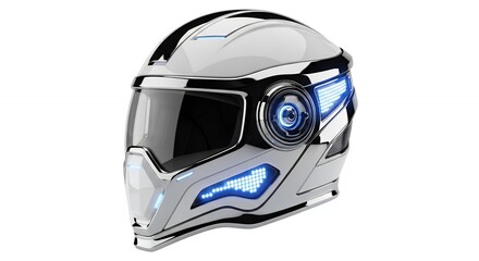 Obraz premium Futuristic White Motorcycle Helmet with Blue LED Lights and Visor.