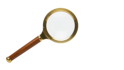 Magnifying glass with wooden handle isolated PNG on transparent background, vintage style detective tool for investigation and reading