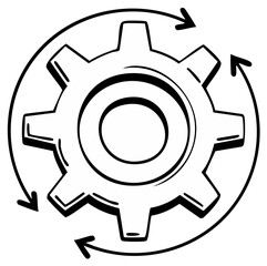 Gear Outline with Arrows Rotation, Engineering Process Illustration, Manufacturing Concept, Development Symbol