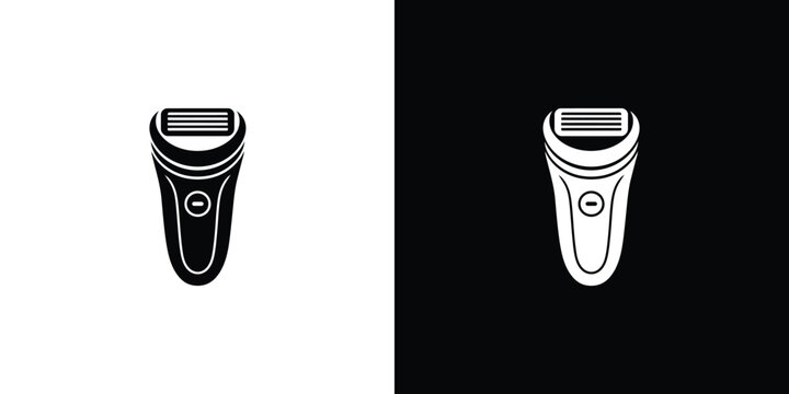 Simple icon of an electric shaver with a power button displayed on alternating black and white backgrounds