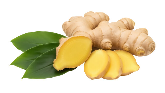 Fresh ginger root and slices isolated PNG, aromatic spice with green leaves on transparent background for cooking and healthy lifestyle