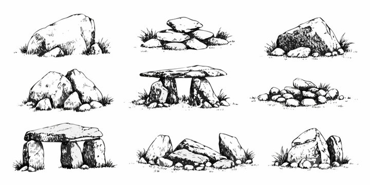 A collection of sketched stone formations and arrangements resembling ancient monuments