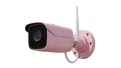Pink security camera isolated PNG on transparent background, surveillance system for home safety and crime prevention