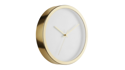 Elegant gold round wall clock isolated PNG on transparent background, minimalist design for home decor and timekeeping