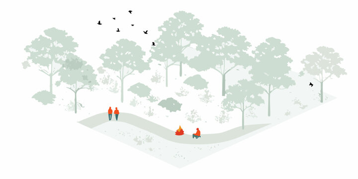 An isometric view of a park with trees a path and people