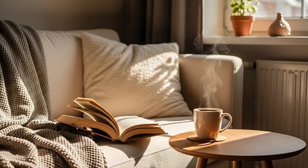 Cozy Home Scene with Book, Coffee, and Sunlight