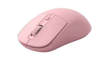 Ergonomic pink computer mouse isolated PNG on transparent background, wireless input device for office and gaming