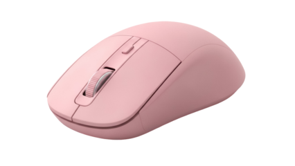 Ergonomic pink computer mouse isolated PNG on transparent background, wireless input device for office and gaming