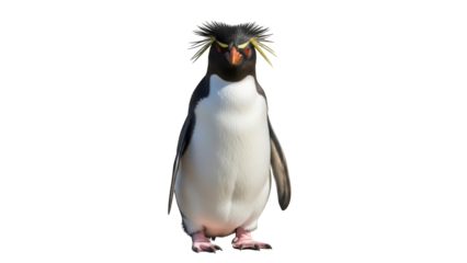 Rockhopper penguin PNG isolated on transparent background, seabird with yellow crest feathers for wildlife and nature designs