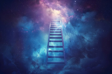 Ambition concept with glowing ladder reaching into vast space